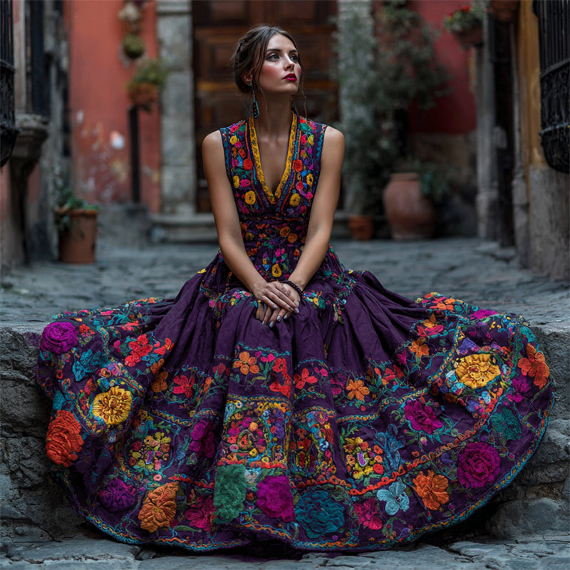 Mouwloze maxi-jurk met bloemenprint en V-hals voor feesten en bijzondere gelegenheden