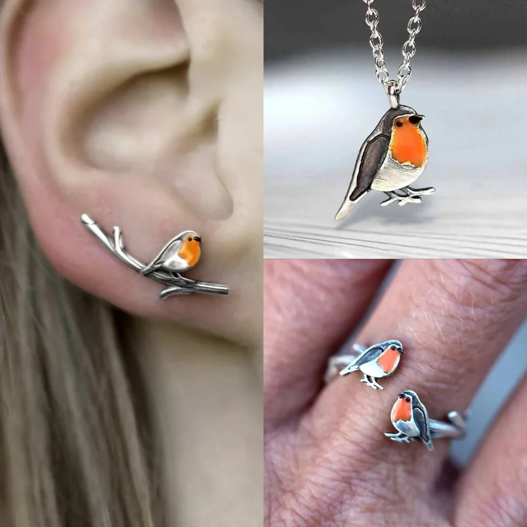 Oliegekleurde Vogel Ring & Ketting Set