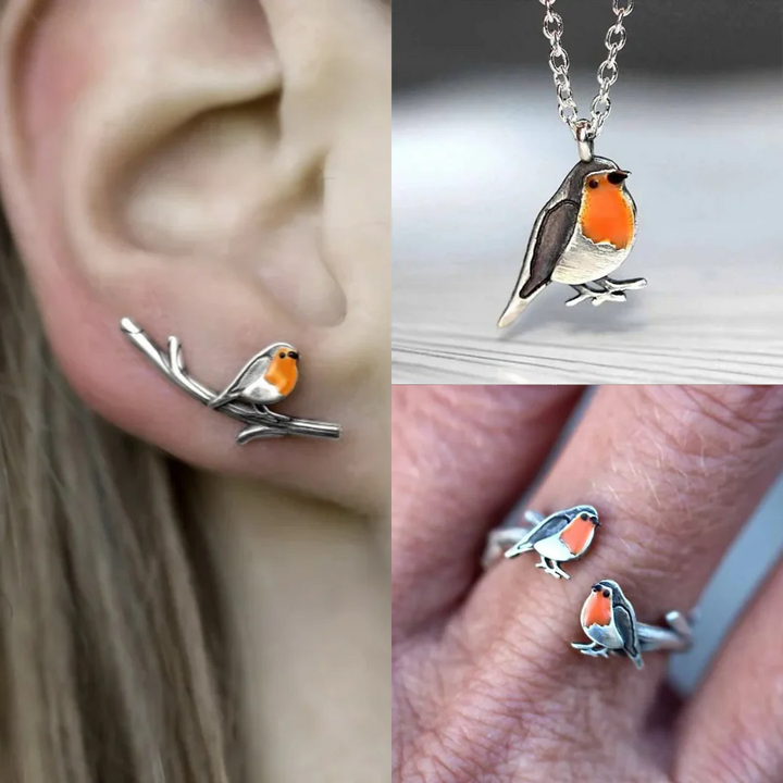 Oliegekleurde Vogel Ring & Ketting Set