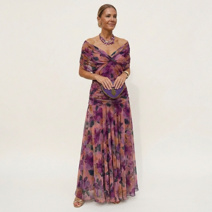 Lange, elegante, vloeiende damesjurk – V-hals, verfijnd design