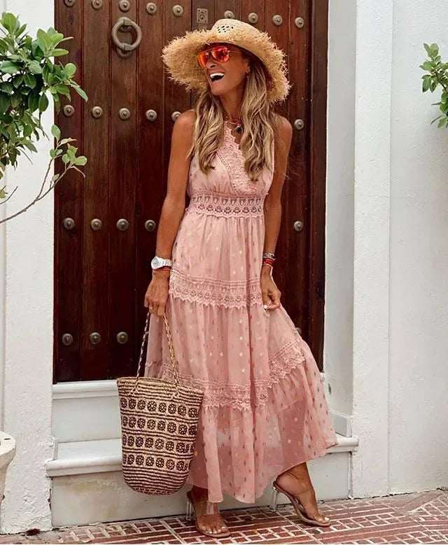 Isadora – Elegante Mouwloze Maxi Jurk met Kant en Hoge Taille