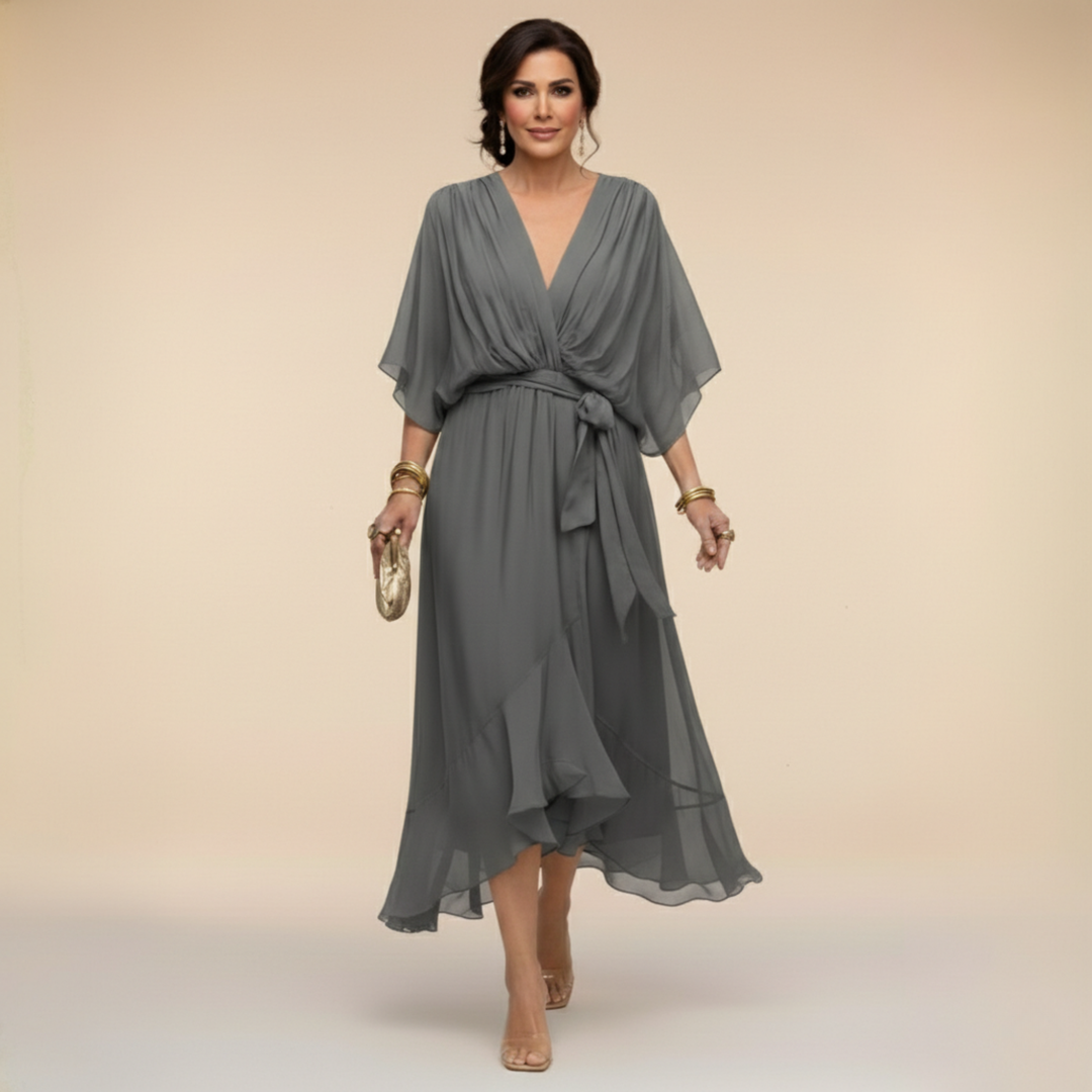 Elegante, vloeiende midi-jurk voor dames – V-hals & verstelbare taille
