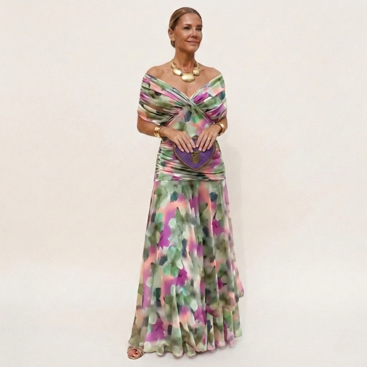 Lange, elegante, vloeiende damesjurk – V-hals, verfijnd design