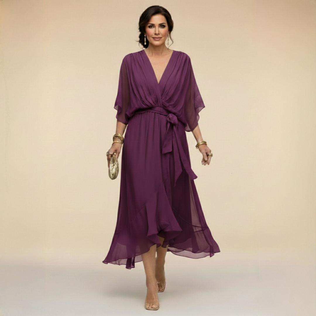 Elegante, vloeiende midi-jurk voor dames – V-hals & verstelbare taille