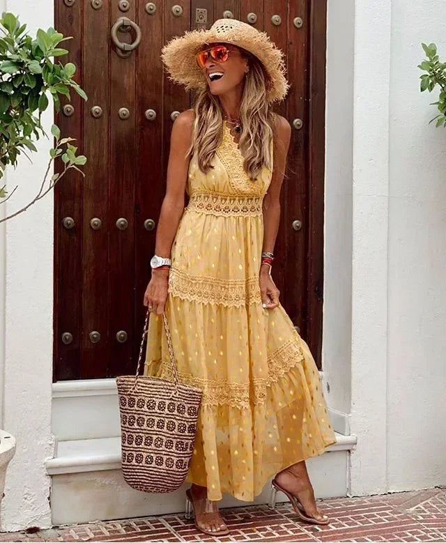 Isadora – Elegante Mouwloze Maxi Jurk met Kant en Hoge Taille