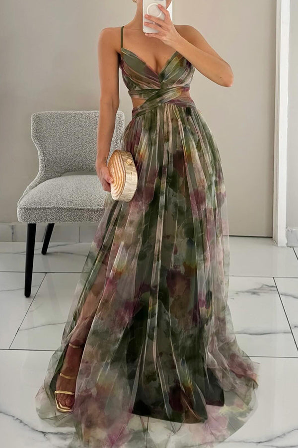 Robe longue femme multicolore à fines bretelles décolleté en V fluide