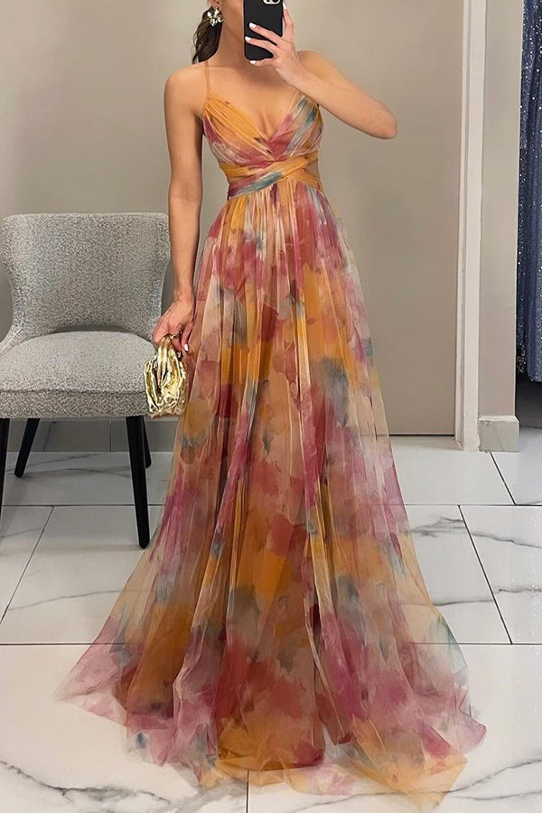 Robe longue femme multicolore à fines bretelles décolleté en V fluide