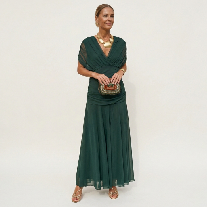 Lange, elegante, vloeiende damesjurk – V-hals, verfijnd design