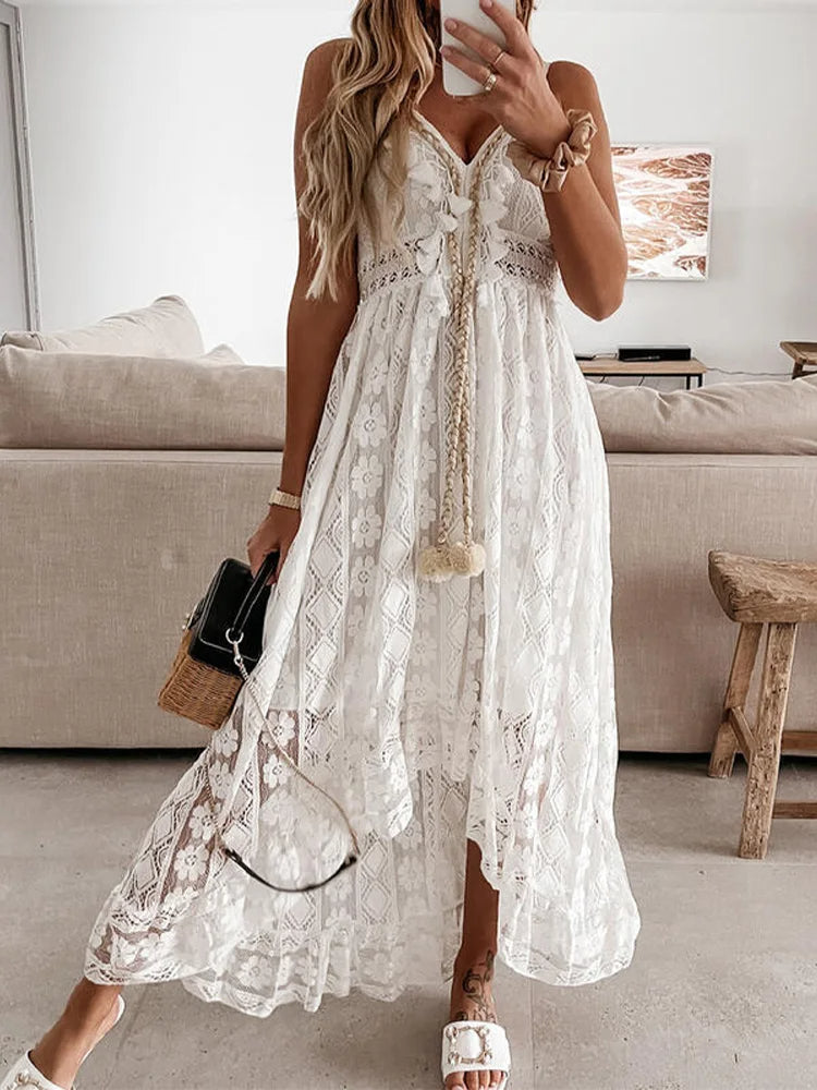 Liora – Bohemian Maxi Jurk met Kant en Elegante Flair Mouwen