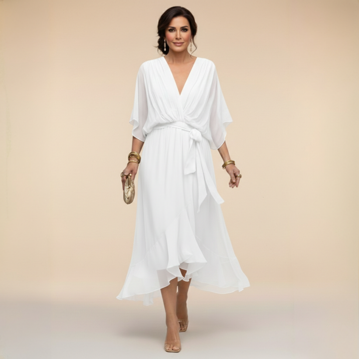 Elegante, vloeiende midi-jurk voor dames – V-hals & verstelbare taille