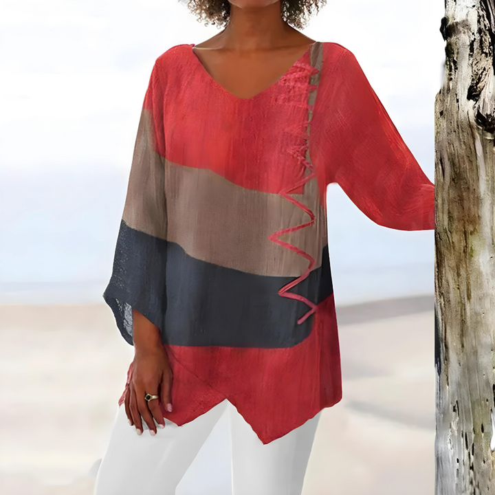 Evelien – Elegante Patchwork Blouse met Asymmetrisch Design