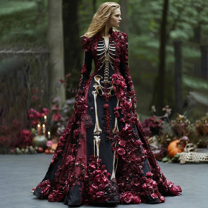 Dames maxi-jurk met lange mouwen en skelet-bloemenprint voor Halloweenfeesten