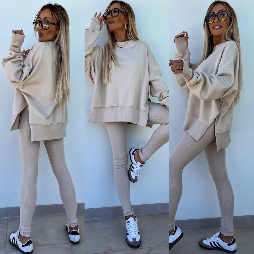 Comfortabele Dames Set met Split Top en Strakke Broek
