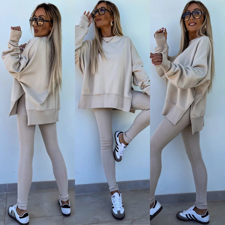 Comfortabele Dames Set met Split Top en Strakke Broek