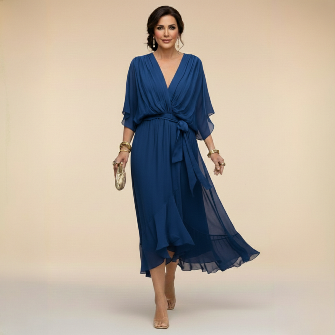 Elegante, vloeiende midi-jurk voor dames – V-hals & verstelbare taille