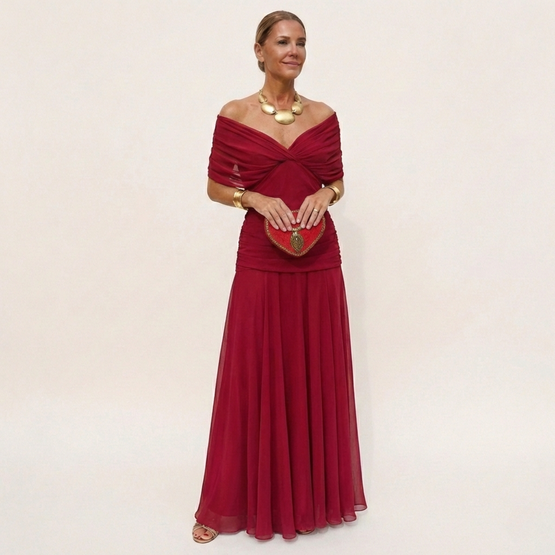 Lange, elegante, vloeiende damesjurk – V-hals, verfijnd design