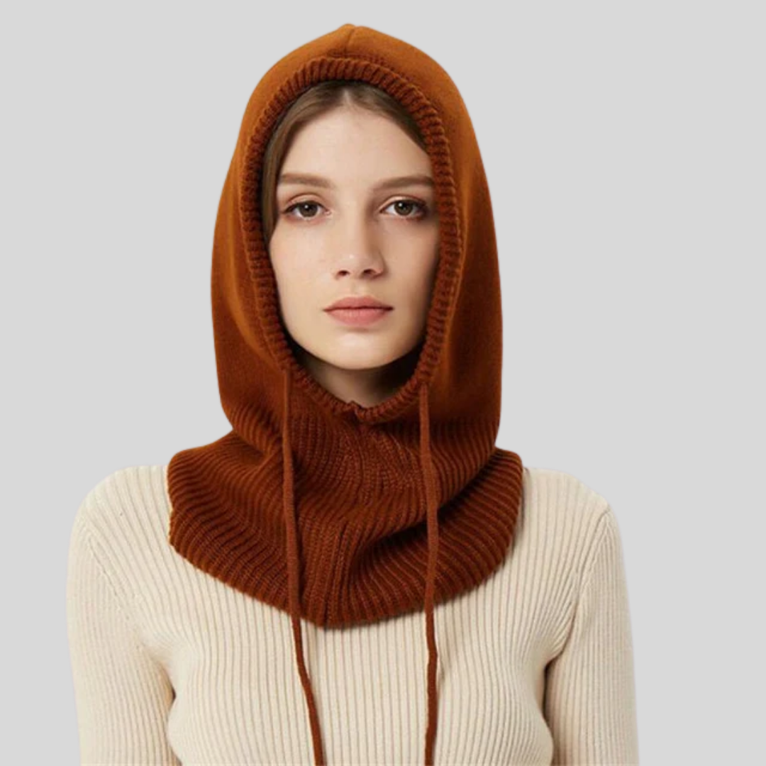 Gebreide winterse nekwarmer met capuchon