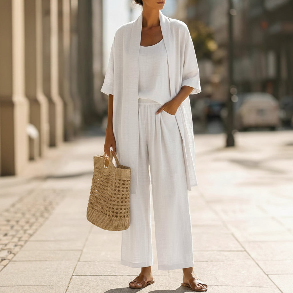 Three-piece Suit Women's Mid-length Cardigan Tank Top And Straight-leg With Pockets Fashion Trousers Set