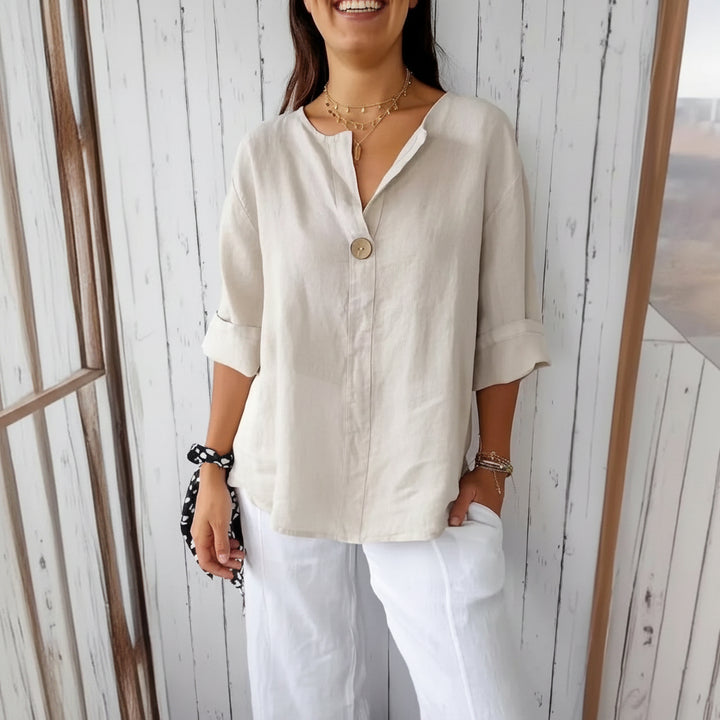 V-neck Long-sleeved T-shirt Fashion Loose Cotton And Linen Button Tops For Women
