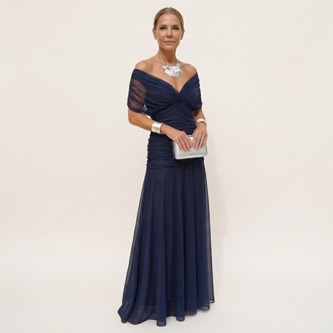 Lange, elegante, vloeiende damesjurk – V-hals, verfijnd design