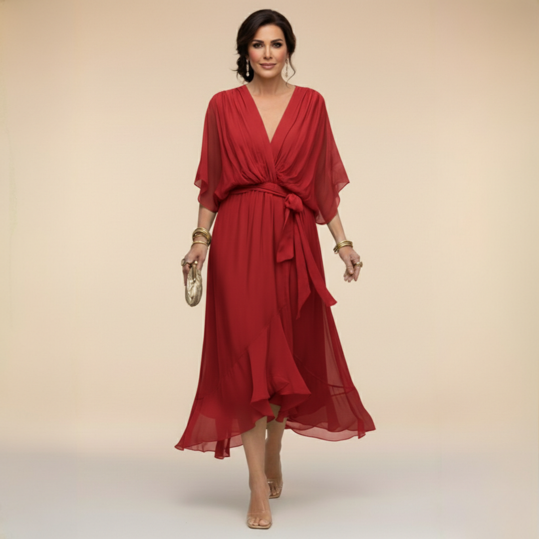 Elegante, vloeiende midi-jurk voor dames – V-hals & verstelbare taille