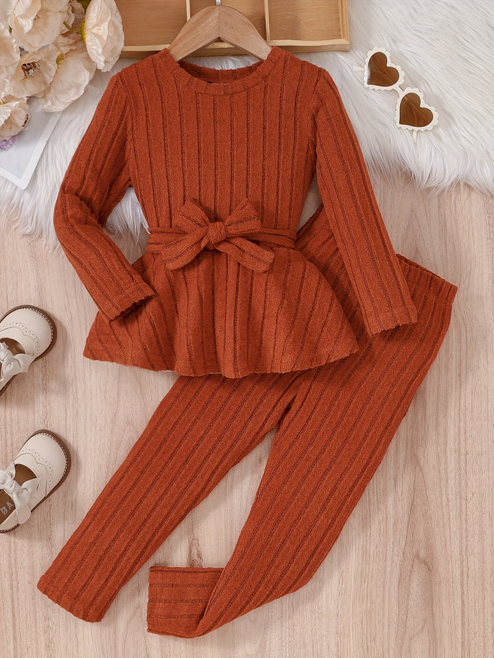Meisjes kids 2-delige outfits casual ronde hals lange mouw top met strik & broek - Ember