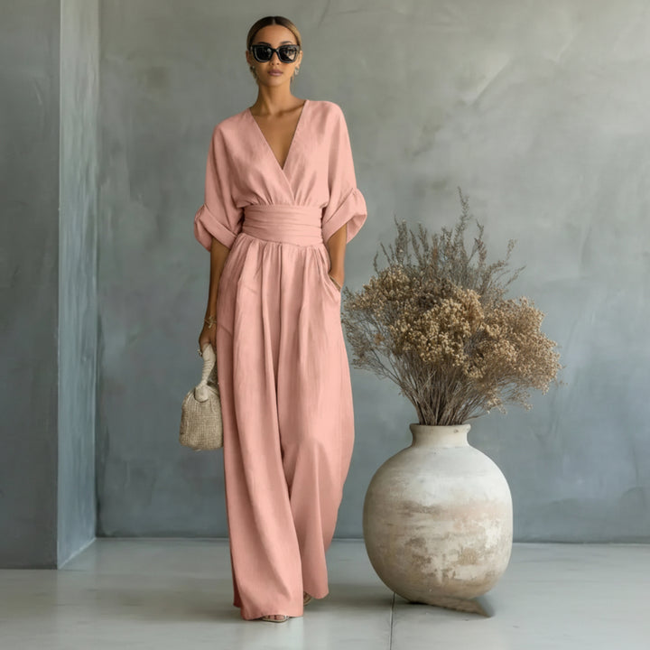 Summer Short-sleeved Jumpsuit Fashion Casual V-Neck Wide-Leg Pants Womens Clothing