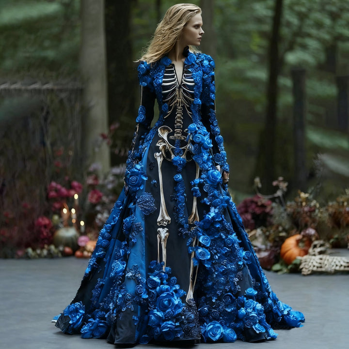 Dames maxi-jurk met lange mouwen en skelet-bloemenprint voor Halloweenfeesten