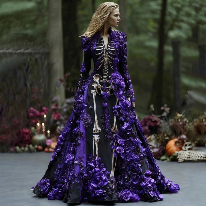 Dames maxi-jurk met lange mouwen en skelet-bloemenprint voor Halloweenfeesten