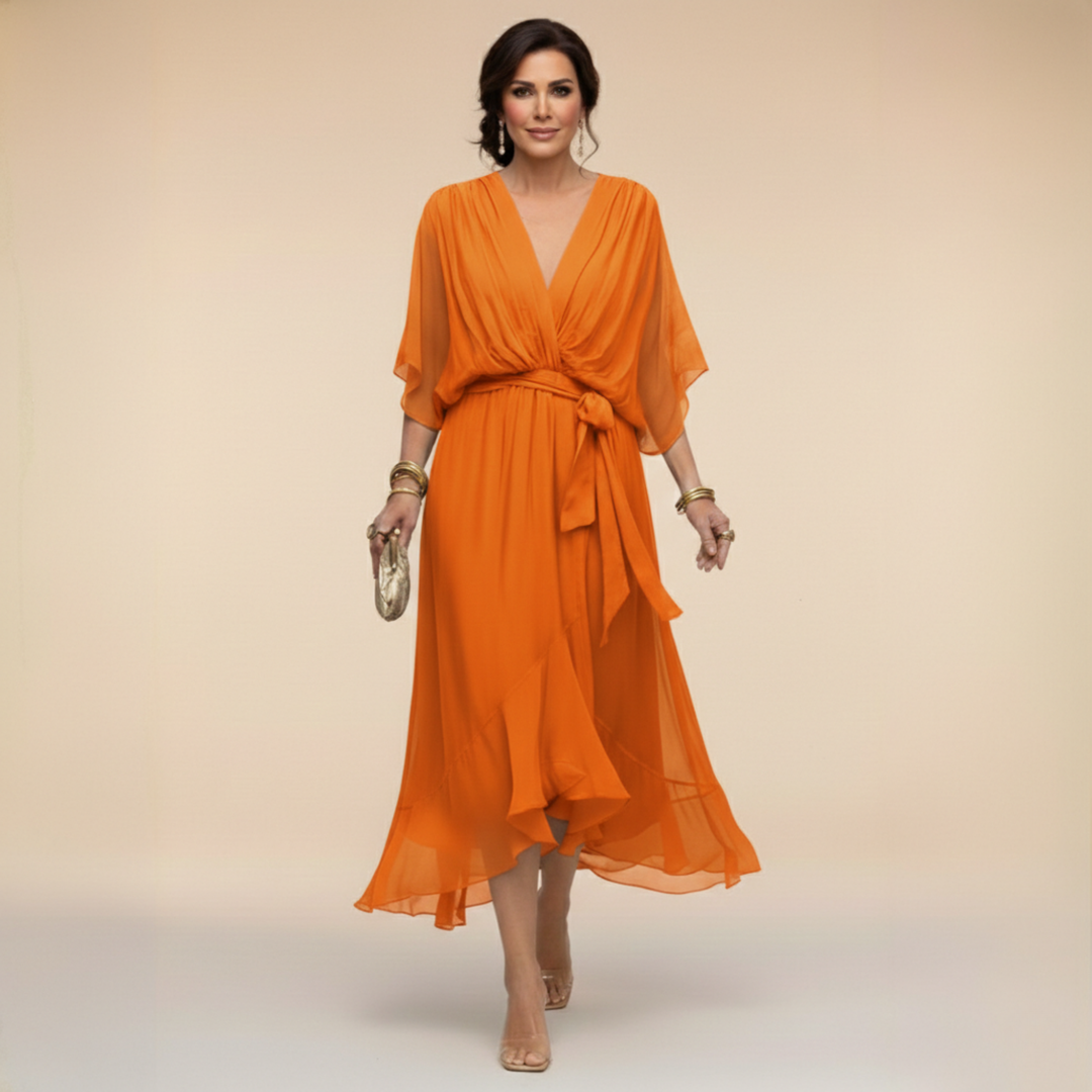 Elegante, vloeiende midi-jurk voor dames – V-hals & verstelbare taille