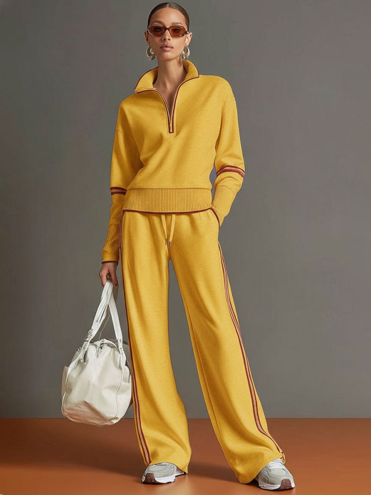 Dames loungeset met halve rits – zachte stretch, wijde pijpen, ideale reisoutfit
