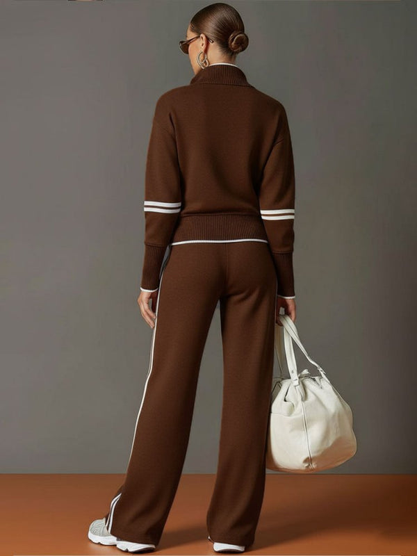 Dames loungeset met halve rits – zachte stretch, wijde pijpen, ideale reisoutfit