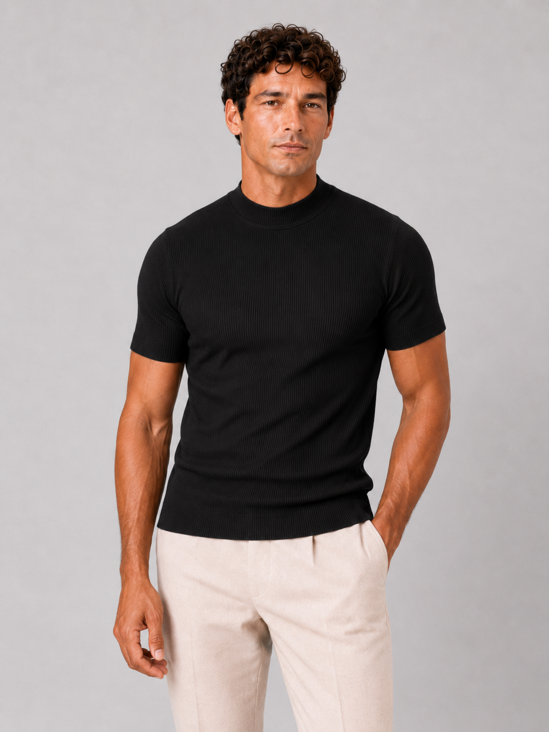 Heren-rib-T-shirt met opstaande kraag – getailleerde stretch top met korte mouwen