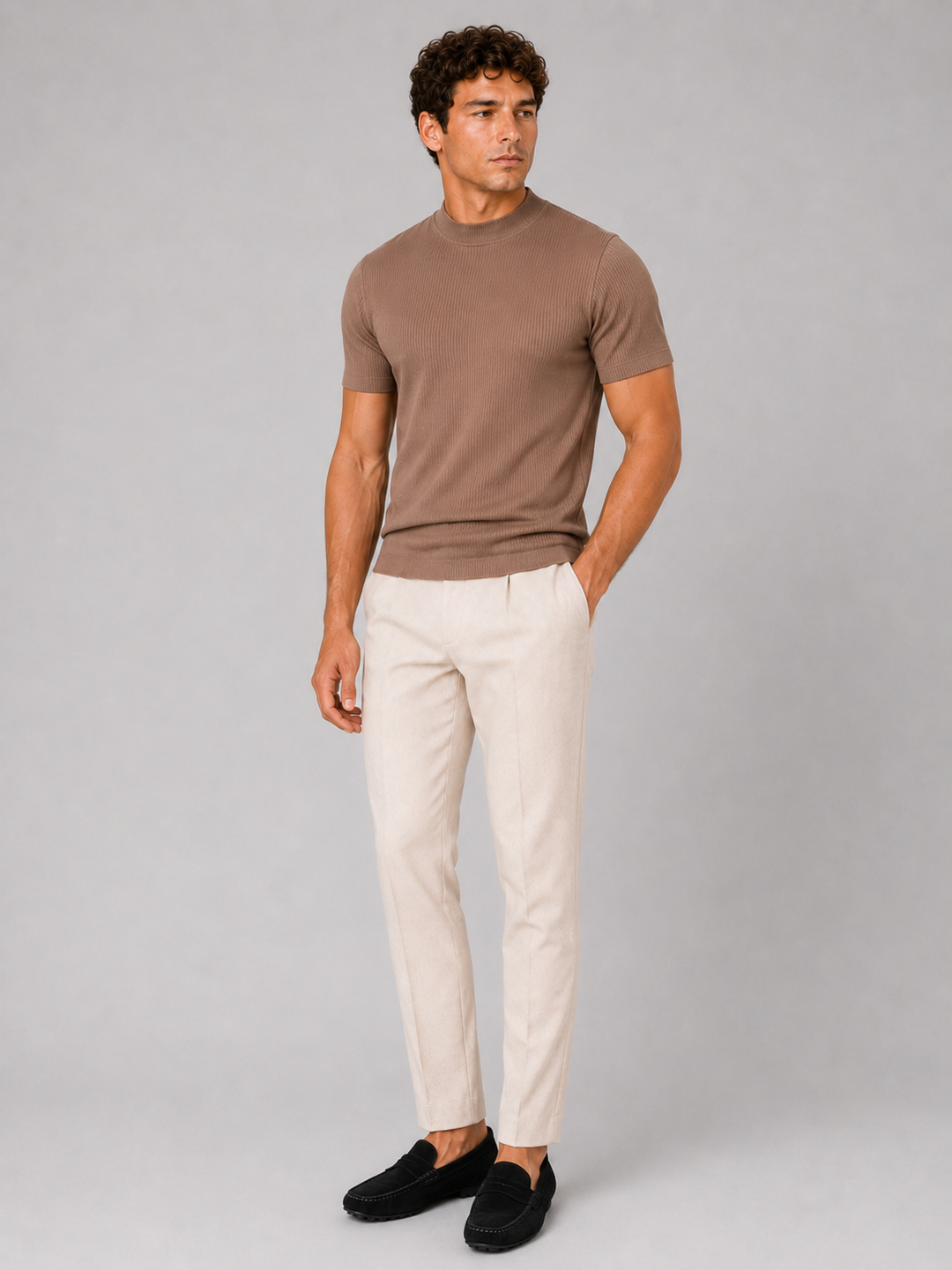 Heren-rib-T-shirt met opstaande kraag – getailleerde stretch top met korte mouwen