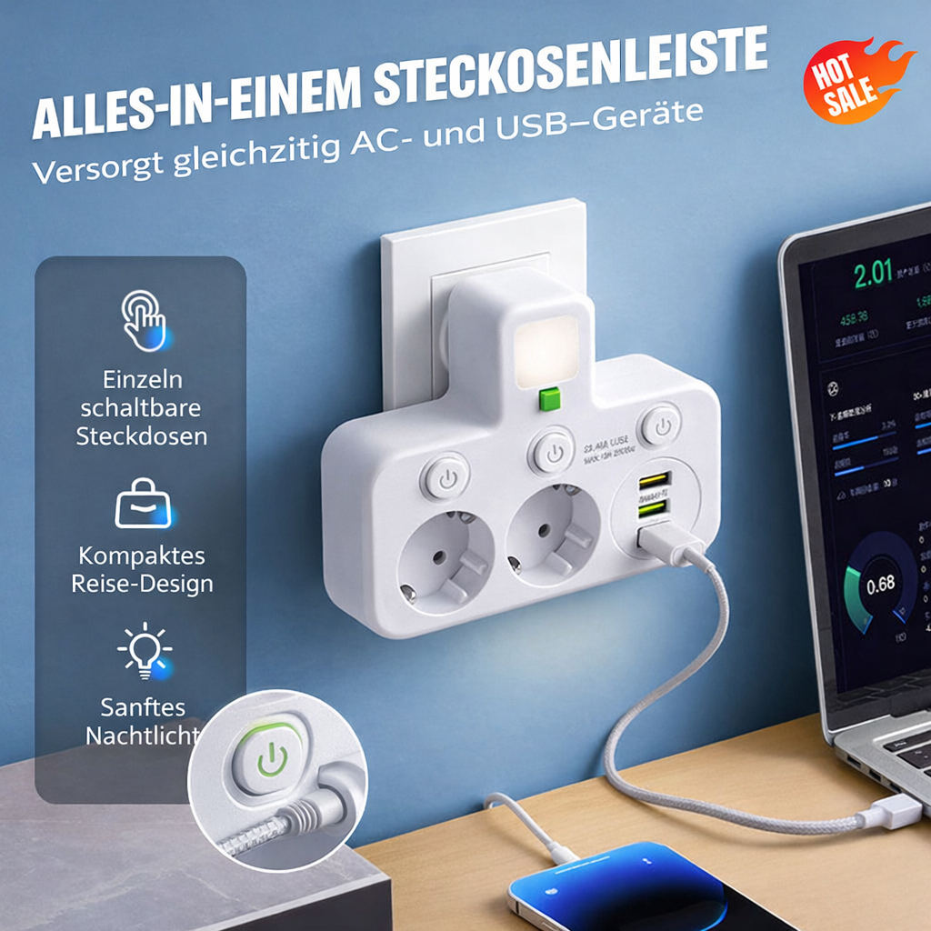 Stekkerdoos met USB en schakelaars | Meervoudige stekkerdoos overspanningsbeveiliging 2500 W