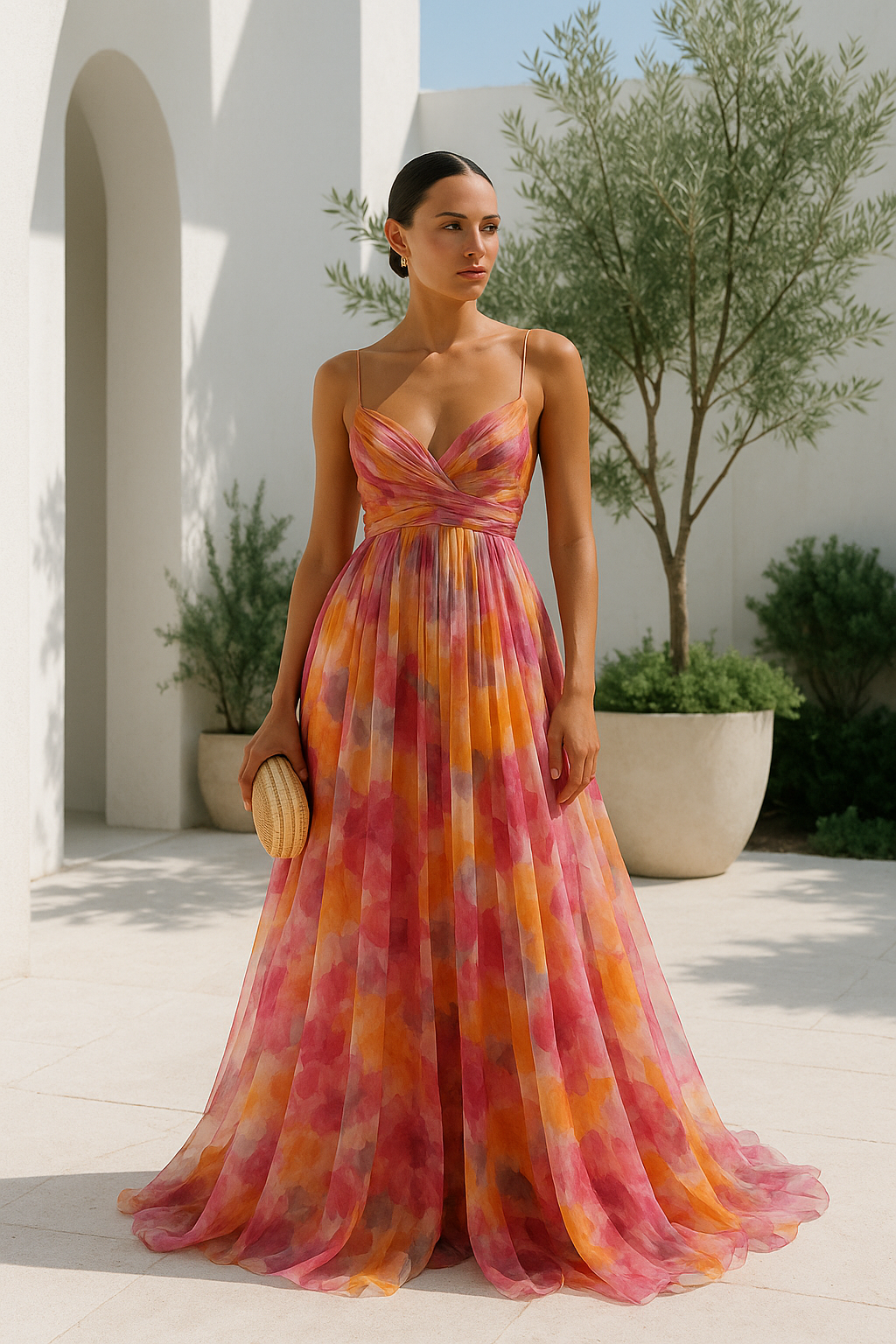 Robe longue femme multicolore à fines bretelles décolleté en V fluide