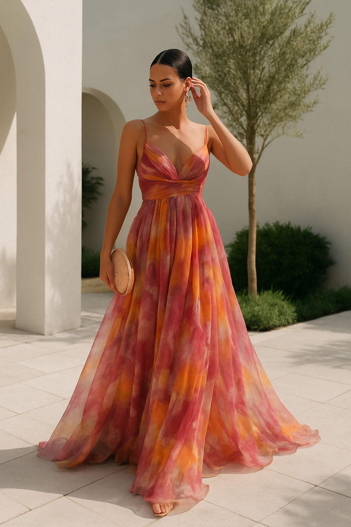 Robe longue femme multicolore à fines bretelles décolleté en V fluide