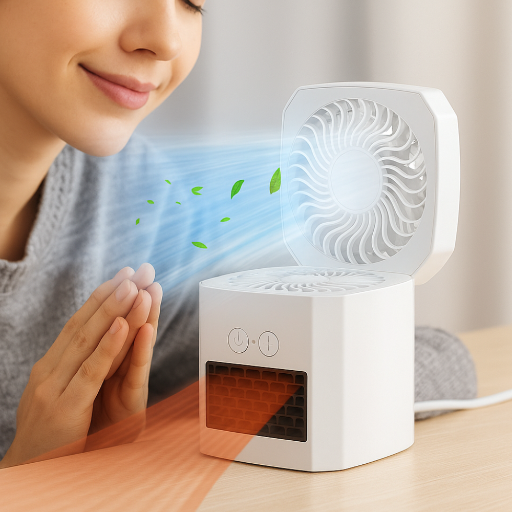 Vierkant mini kacheltje 400W voor je bureau, stil en licht