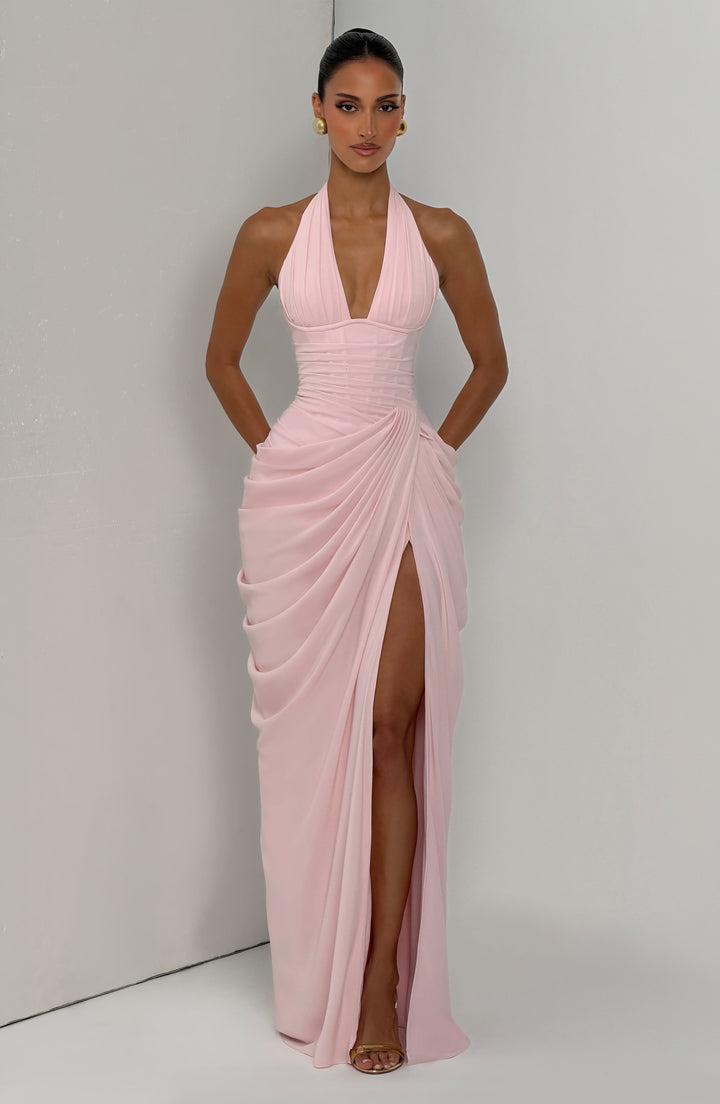 Linde halter-maxi-jurk met korsetlijfje en chiffonrok