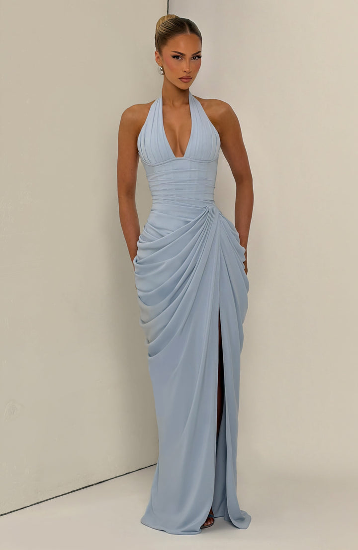 Linde halter-maxi-jurk met korsetlijfje en chiffonrok