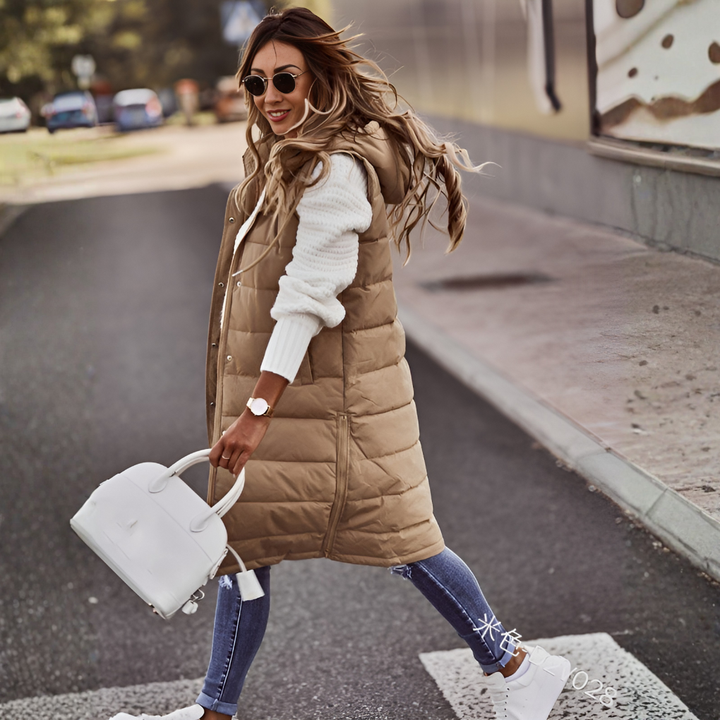 Lange bodywarmer met capuchon voor dames