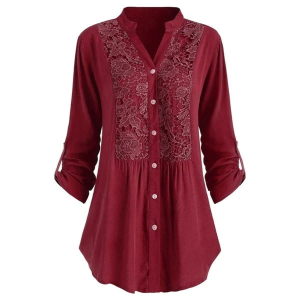 Rode damesblouse met lange mouwen, knoopsluiting en kanten details. Stijlvolle en elegante top voor casual en formele gelegenheden.