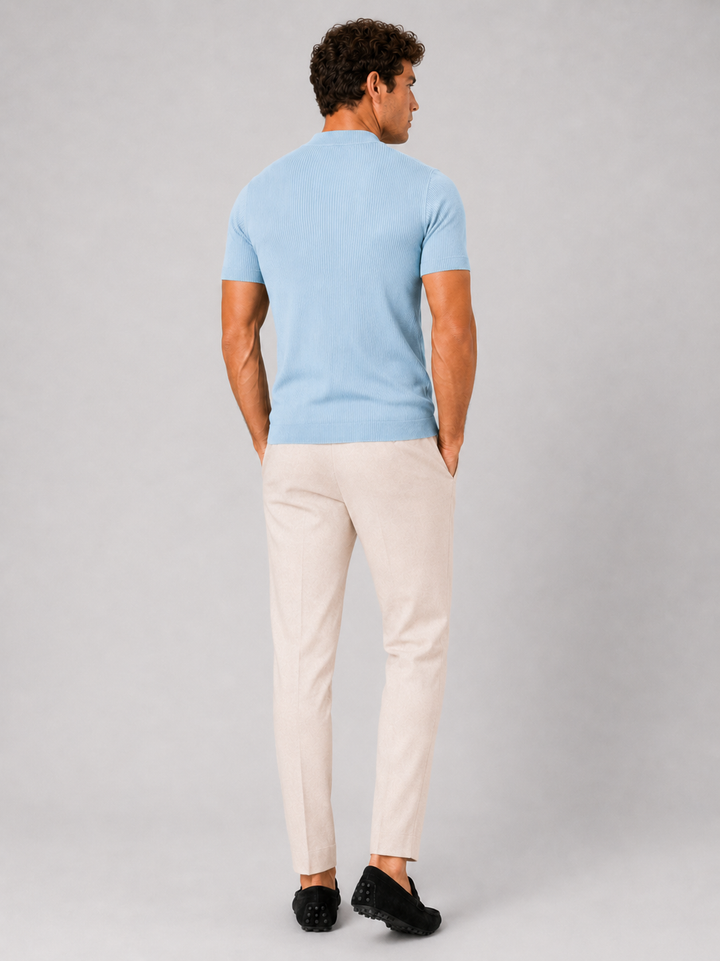 Heren-rib-T-shirt met opstaande kraag – getailleerde stretch top met korte mouwen