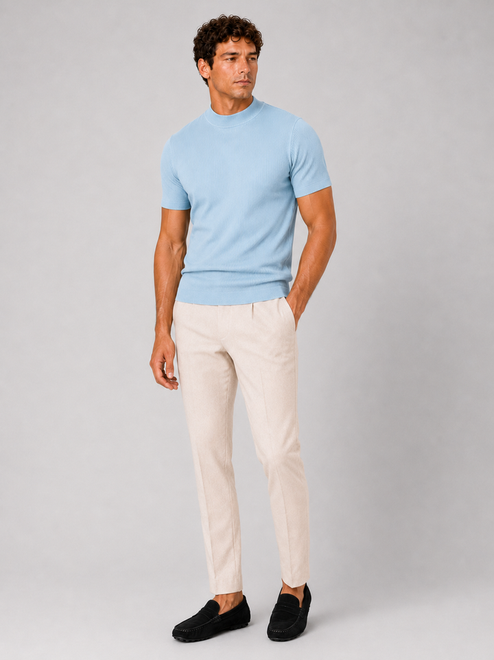 Heren-rib-T-shirt met opstaande kraag – getailleerde stretch top met korte mouwen