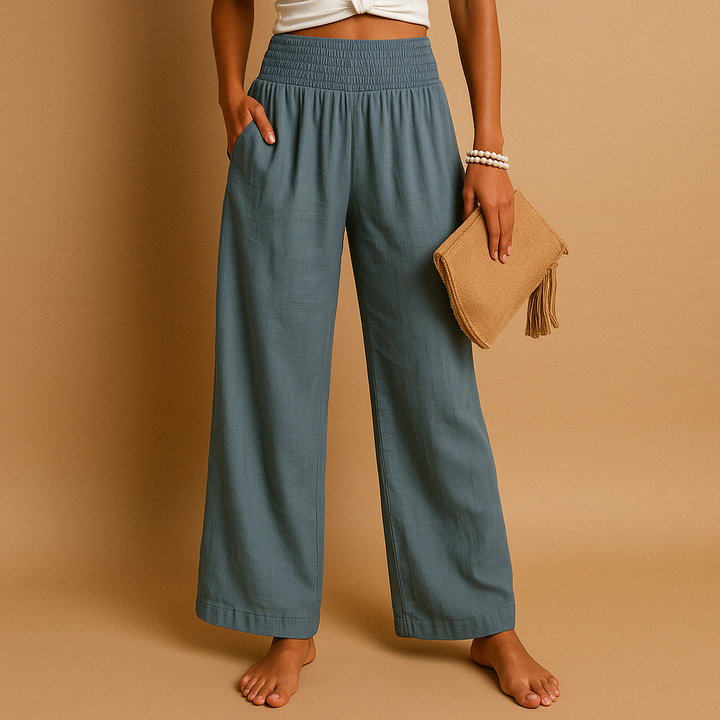 Pantalon en lin élégant taille haute pour femme – Pantalon décontracté élastique