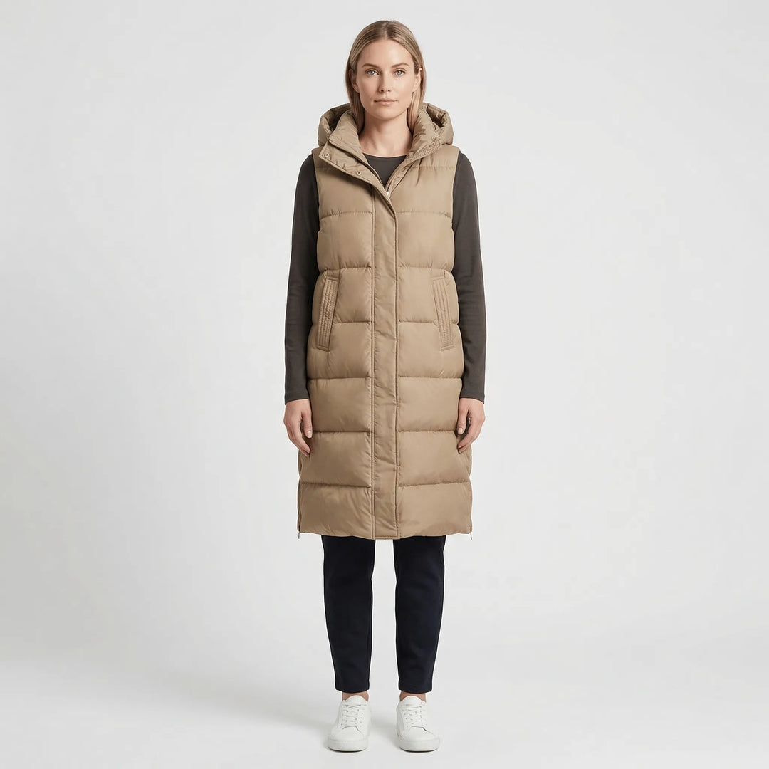 Midi-lange gevoerde bodywarmer - hazelkleurig