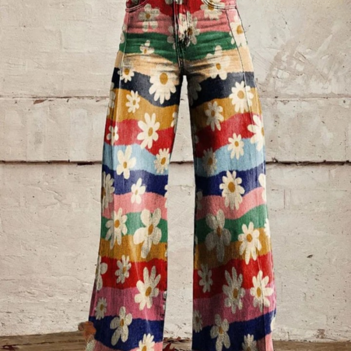 Trendy Retro Flared Bloemenbroek met Hoge Taille - Mirella