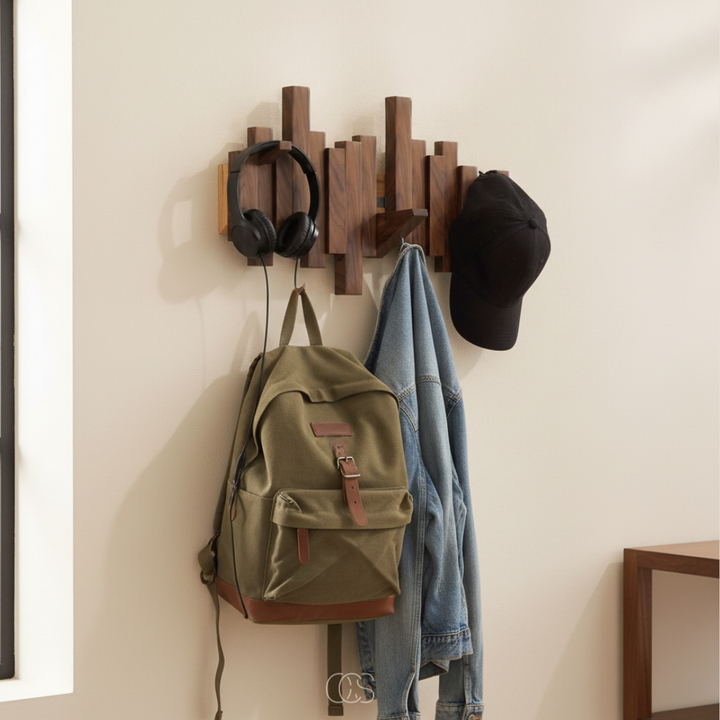 Houten wandkapstok "Piano" met klapbare haken – hal & slaapkamer