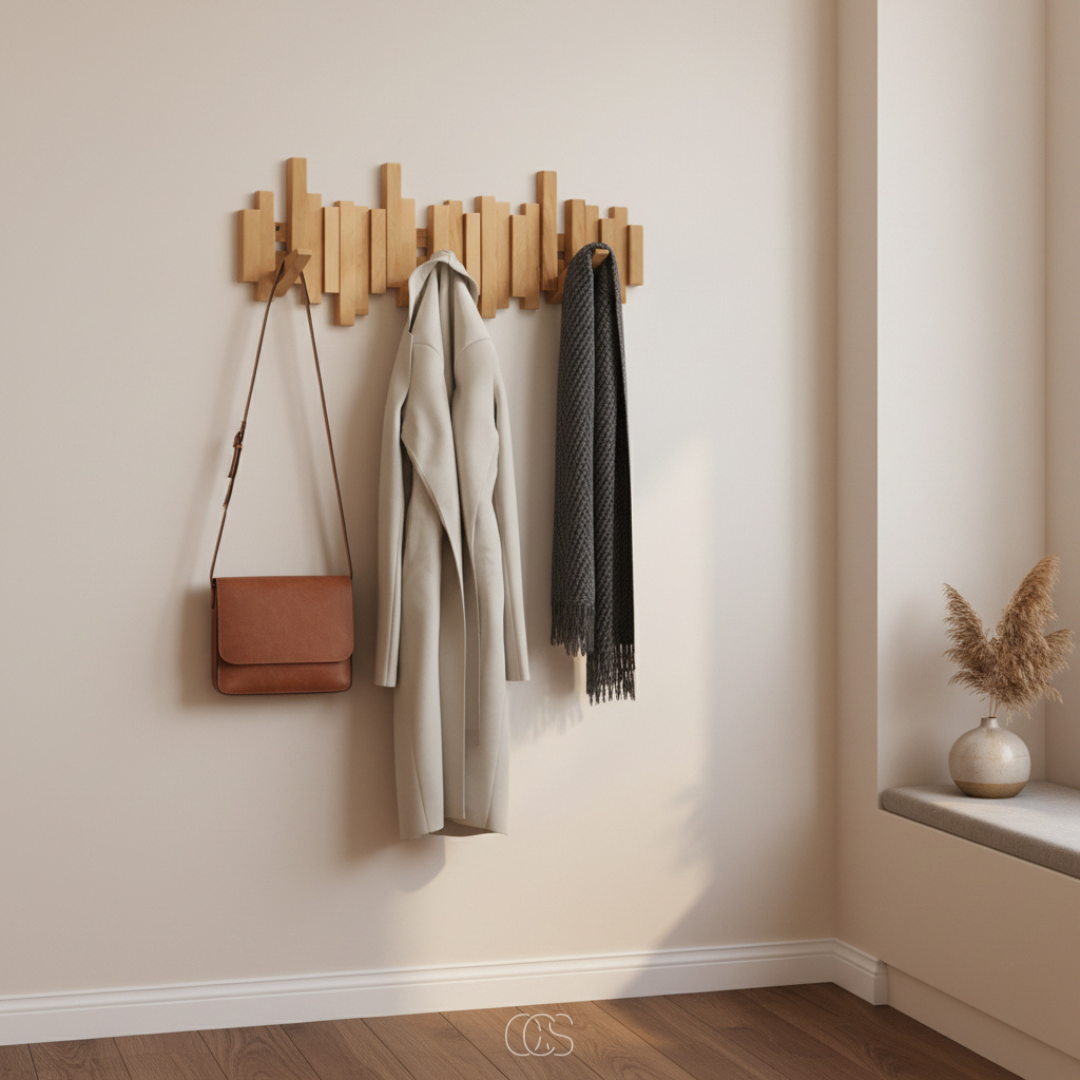 Houten wandkapstok "Piano" met klapbare haken – hal & slaapkamer
