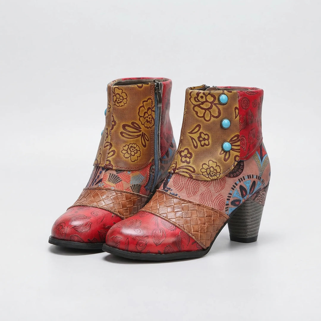 Patchwork bloemige enkellaars met hoge hak - roze